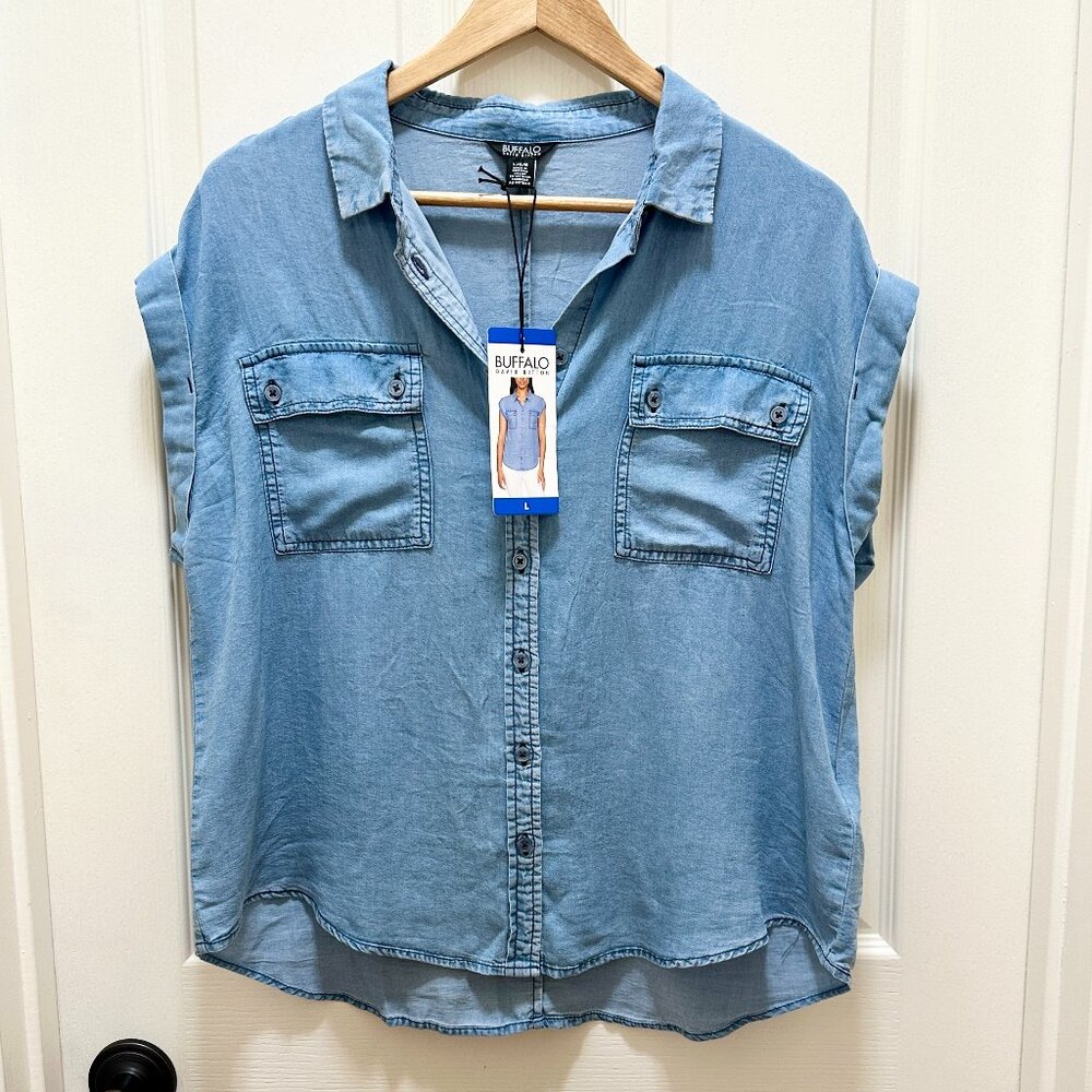 Buffalo Women's Lyocell Soft Acid Wash Utility Top Shirt Size L Blue Coastal
